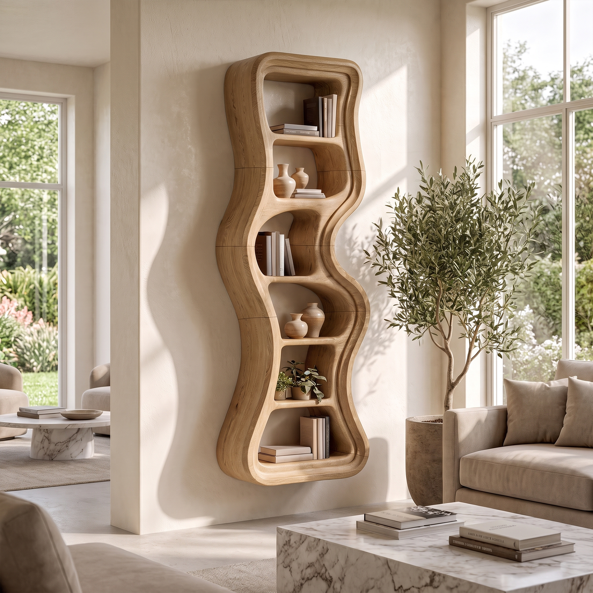 Modern Bookshelf Handcrafted Sculptural Design For Living Room