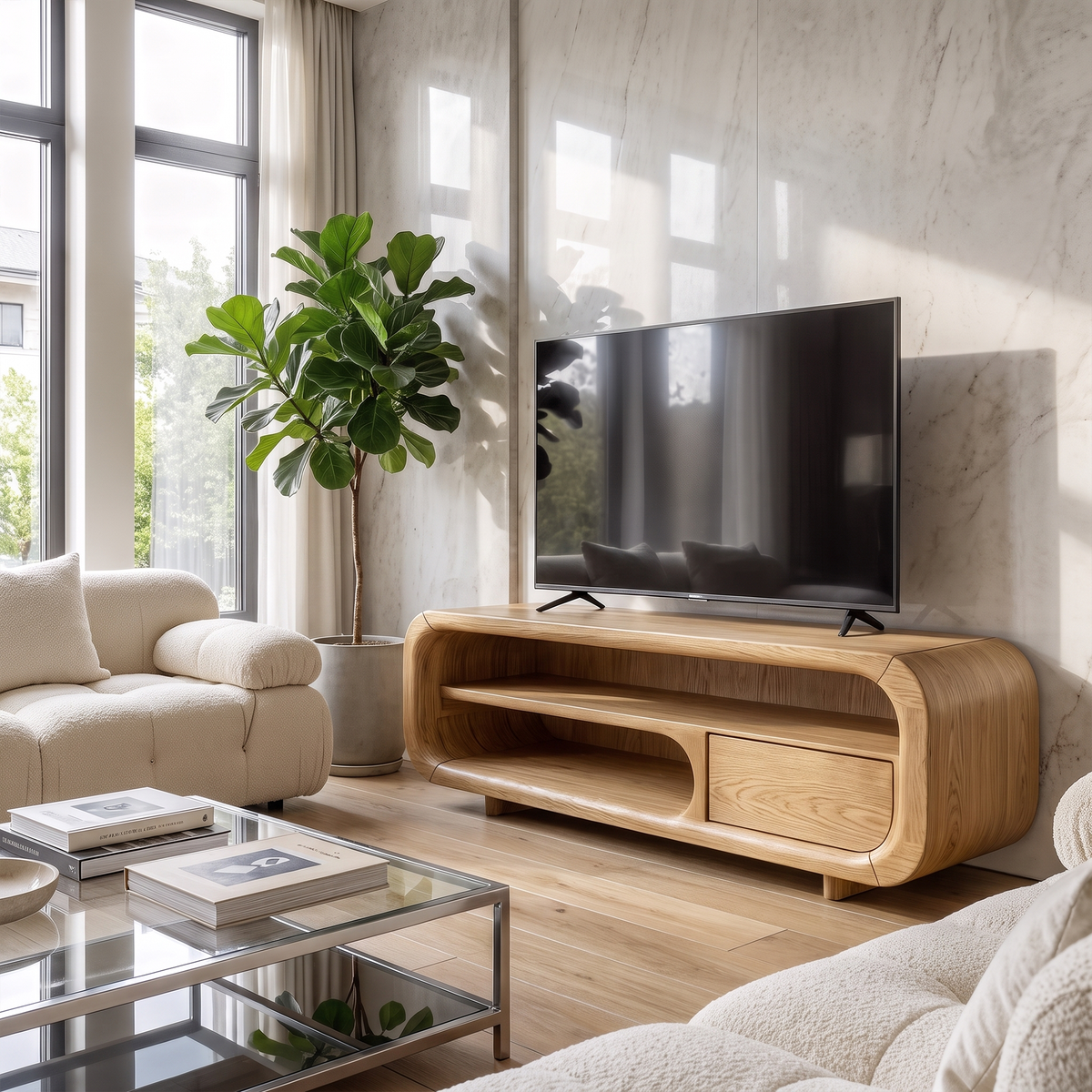 Natural Media Console With Flowing Loop Design For Living Room And Lounge