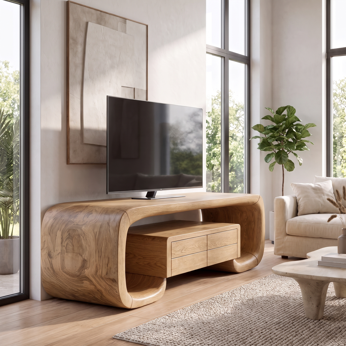 Organic TV Stand With Monolithic Wood Design For Living Room And Family Room