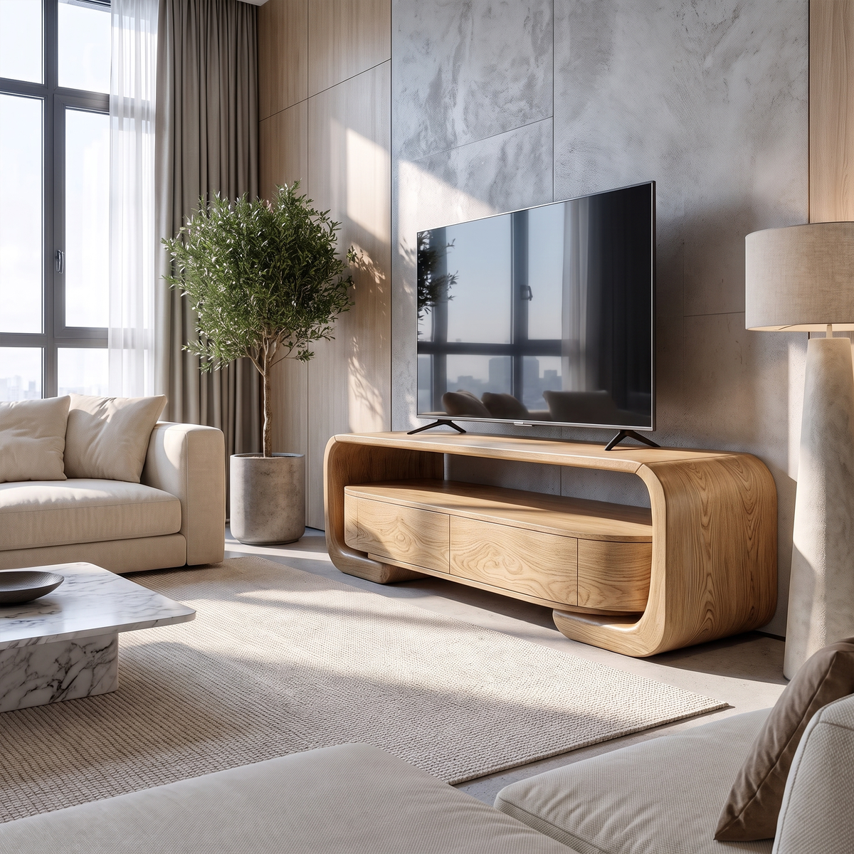 Organic Entertainment Center With Sculptural Live Edge Design For Living Room And Media Room