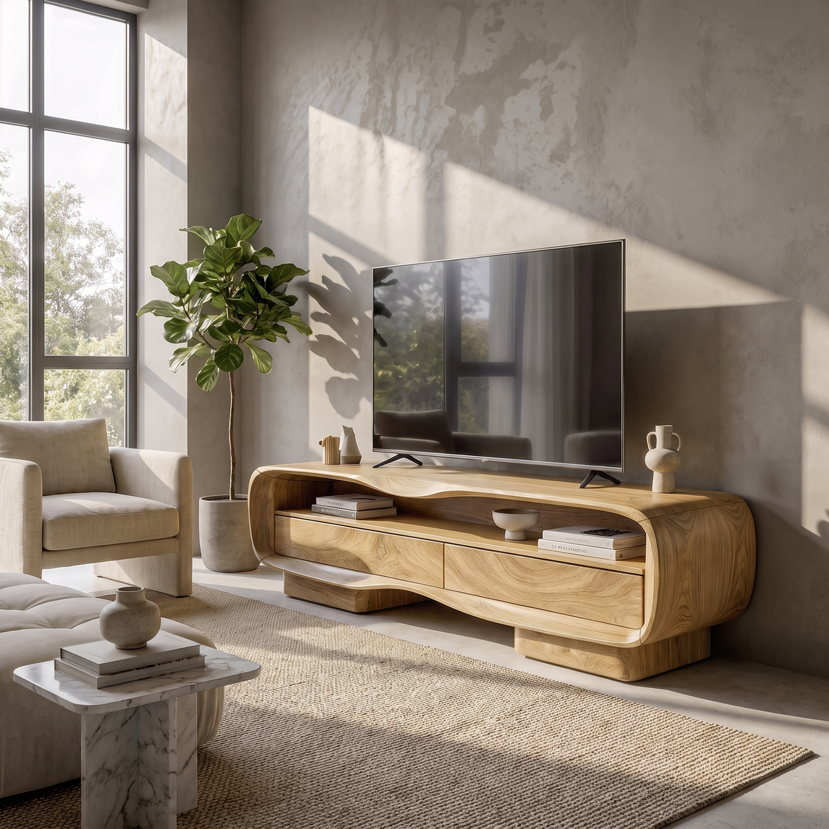 Natural Media Console With Solid Block Design For Living Room And Family Room