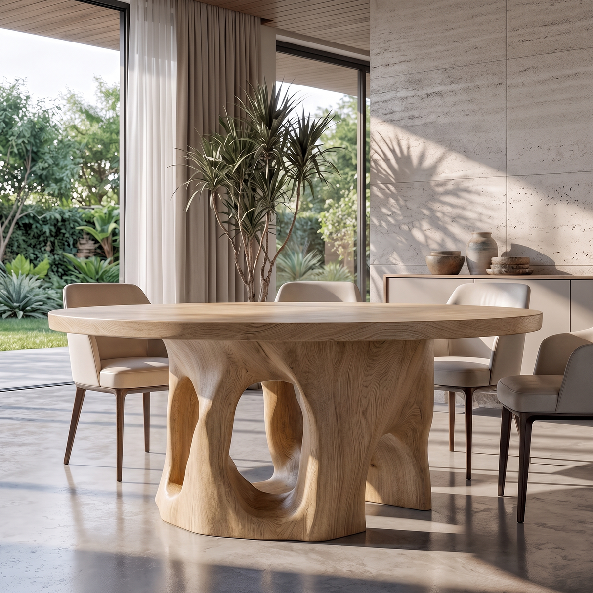 Natural Round Dining Table With Sculptural Tree Branch Form For Dining Room And Breakfast Nook