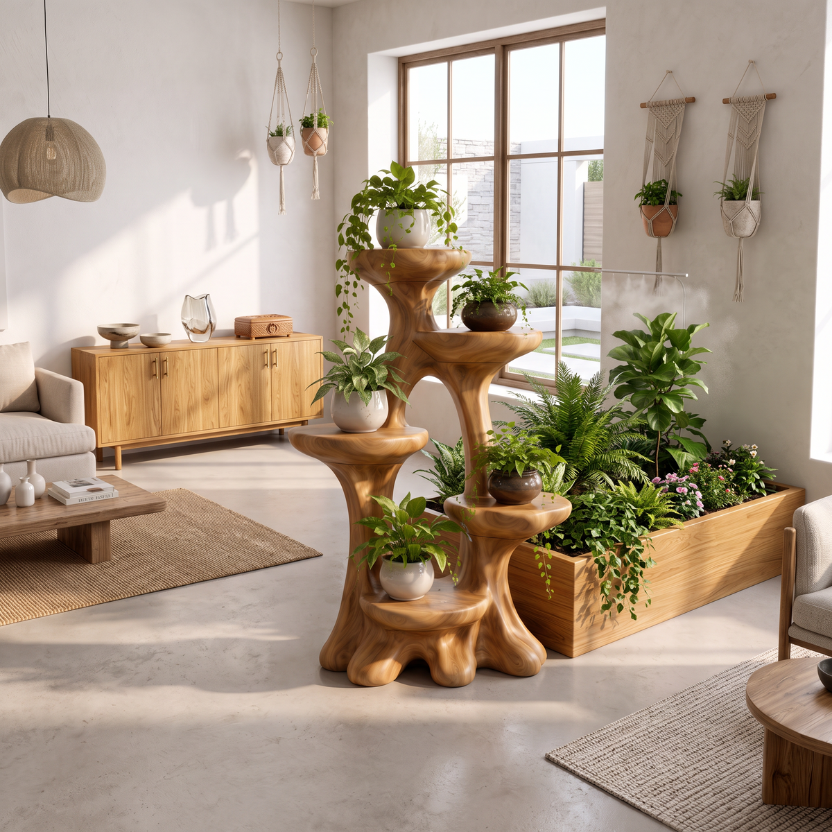 Organic Tree Plant Stand With Sculptural Tiered Design For Living Room And Sunroom