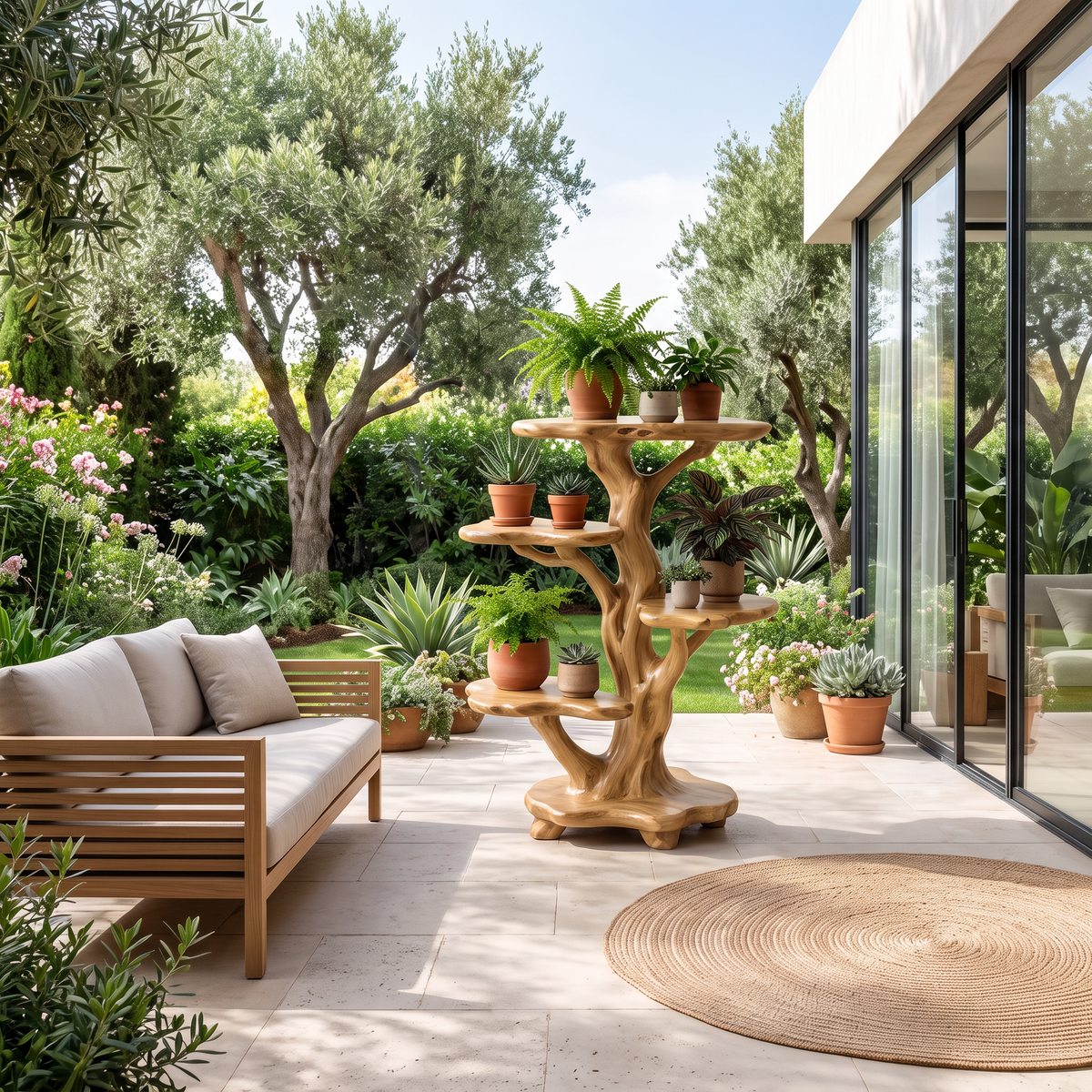 Natural Tree Plant Stand With Tiered Branch Shelves For Living Room And Entryway