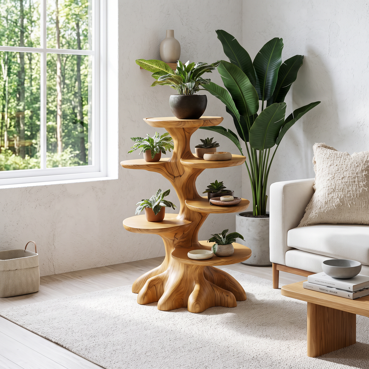 Rustic Indoor Plant Stand With Tree Stump Form For Sunroom And Patio