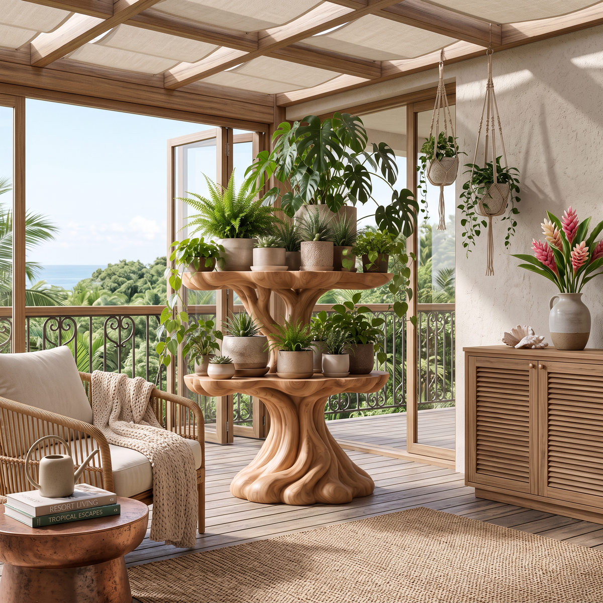 Contemporary Tiered Plant Shelf With Organic Branch Design For Living Room And Entryway