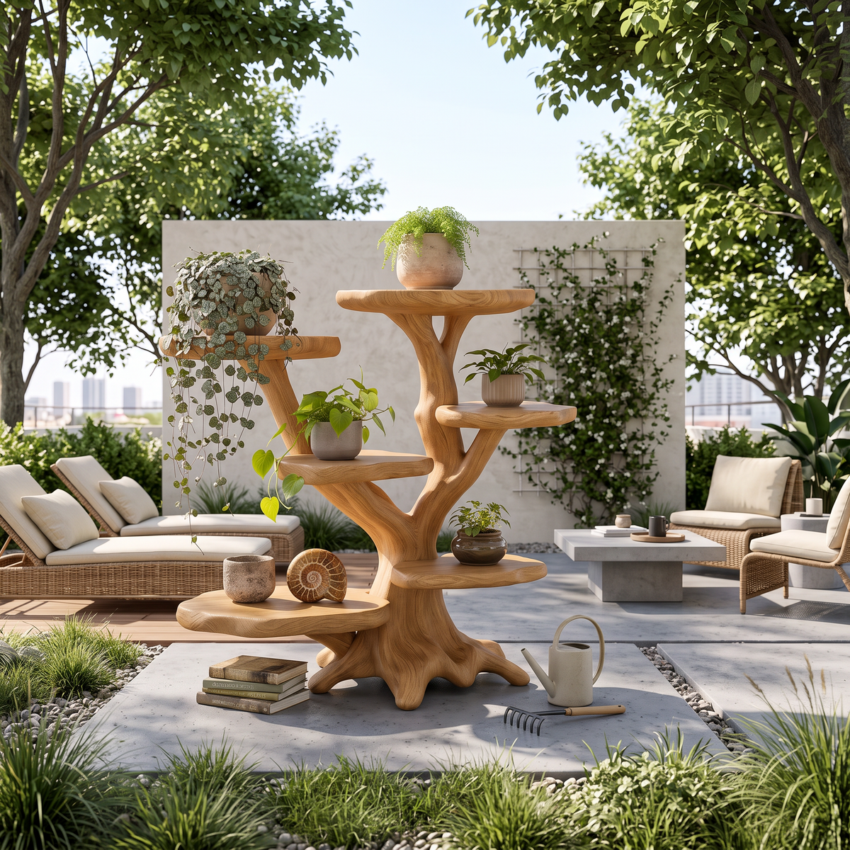 Modern Sculptural Tree Plant Stand Multi Tier Display For Patio Garden