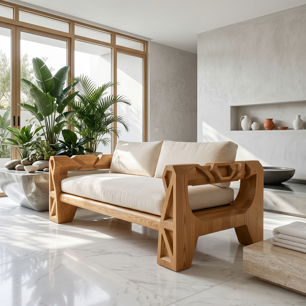Handcrafted Sofa Frame With Sculptural Wood Armrests For Living Room