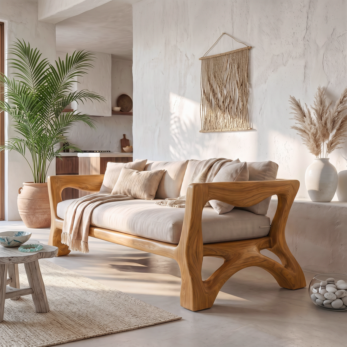 Sculptural Sofa Frame With Solid Wood Armrests For Living Room