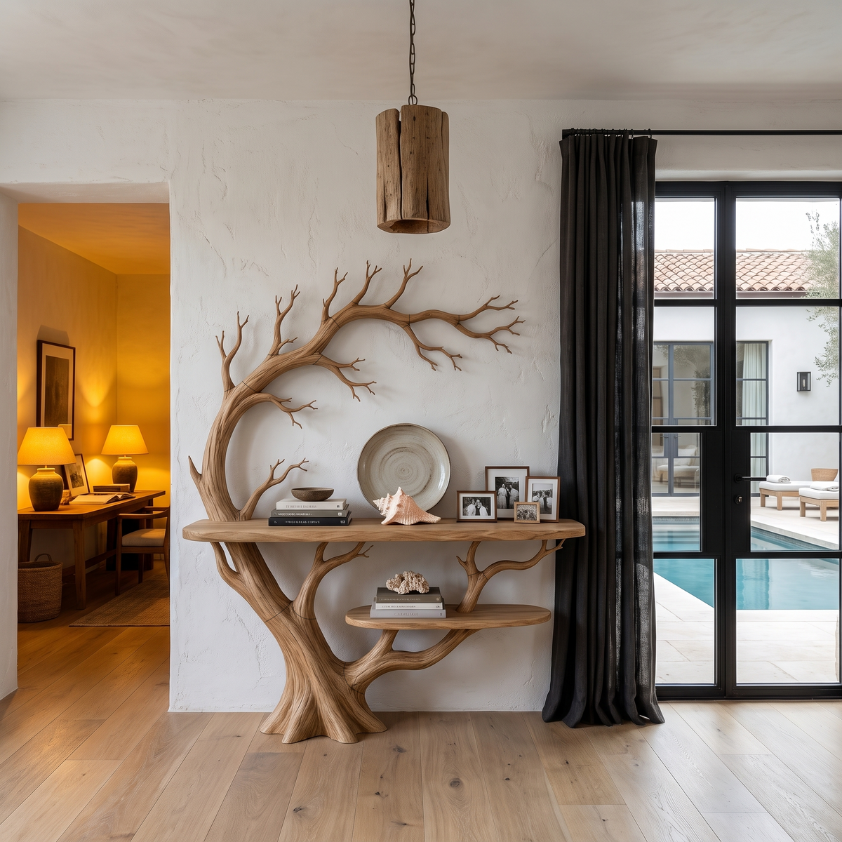 Organic Console Table With Tree Branch Shelf Design For Entryway And Living Room