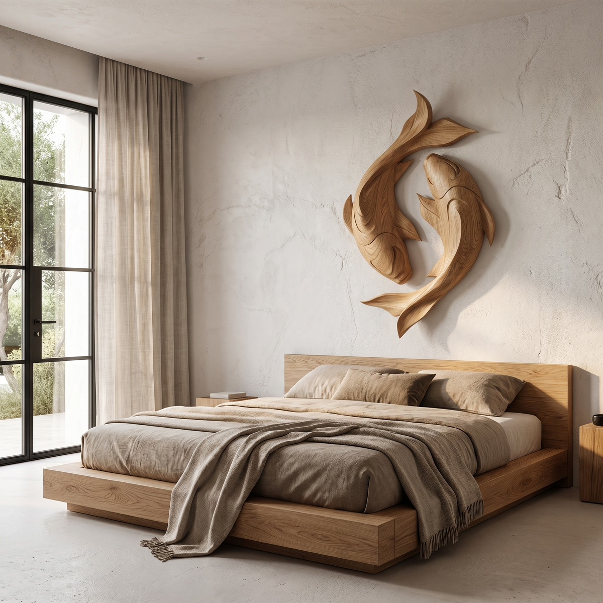 Contemporary Wood Wall Sculpture With Carved Koi Fish Design For Living Room And Office