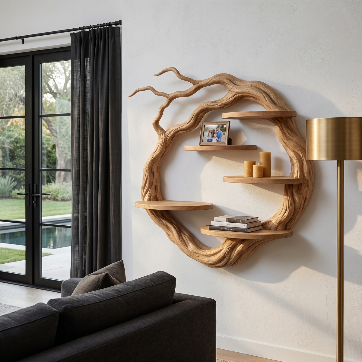 Natural Wall Mounted Shelf With Sculptural Tree Ring Design For Living Room And Reading NookSINLHAFL056