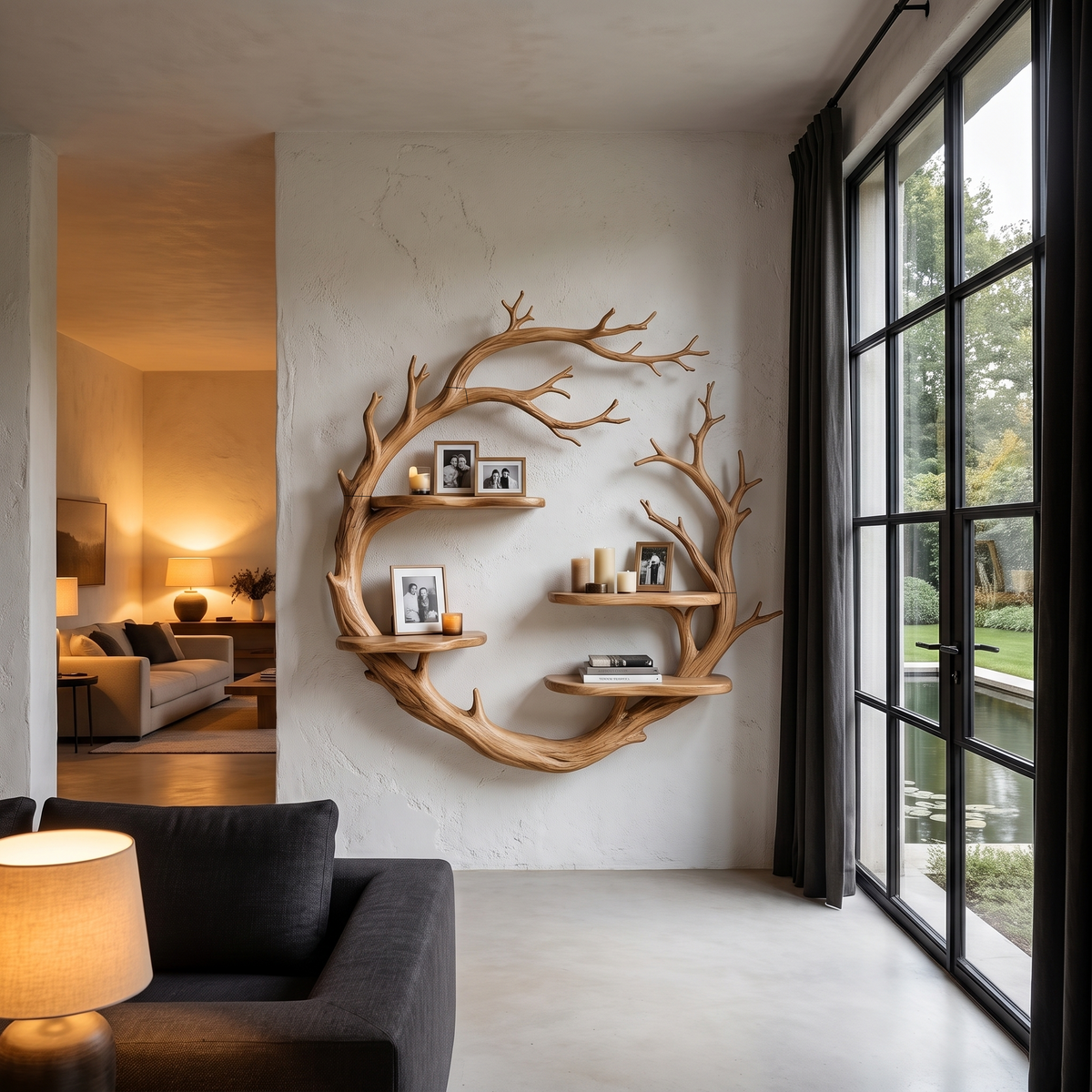 Contemporary Floating Shelf With Tree Branch Display Design For Living Room And Hallway