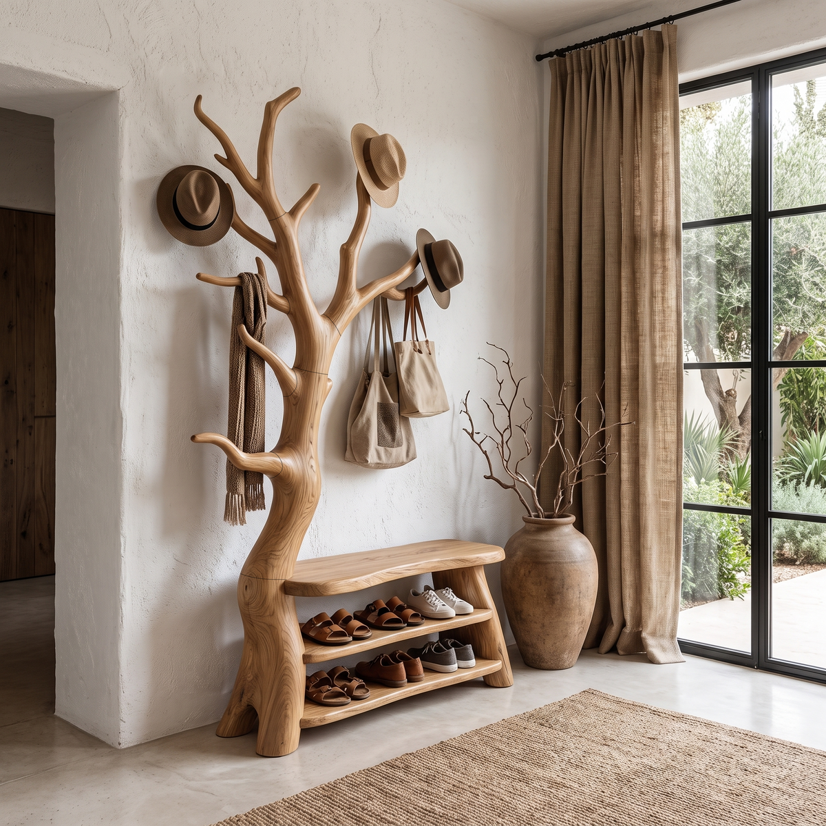 Sculptural Tree Shoe Bench Coat Rack Storage For Entryway Hallway