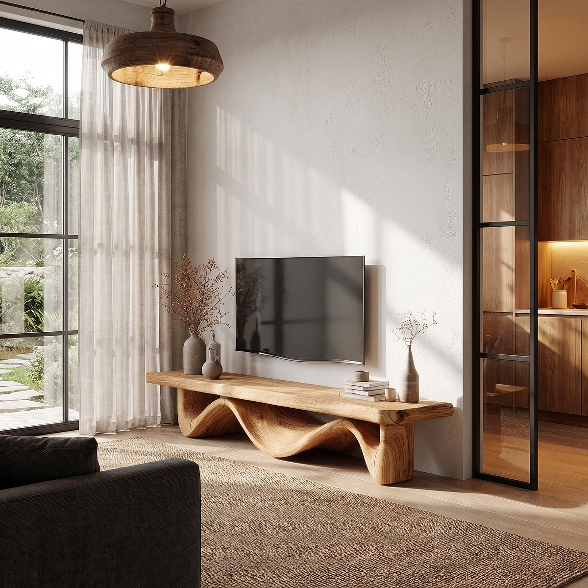 Organic Open Loop TV Cabinet Solid Wood Media Console For Living Room