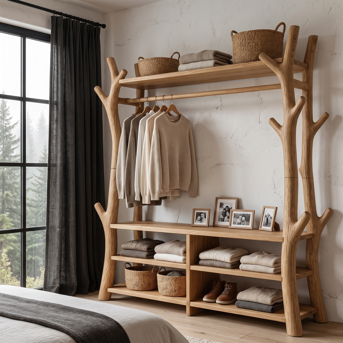 Rustic Tree Coat Rack Shoe Bench Open Storage For Entryway Hallway