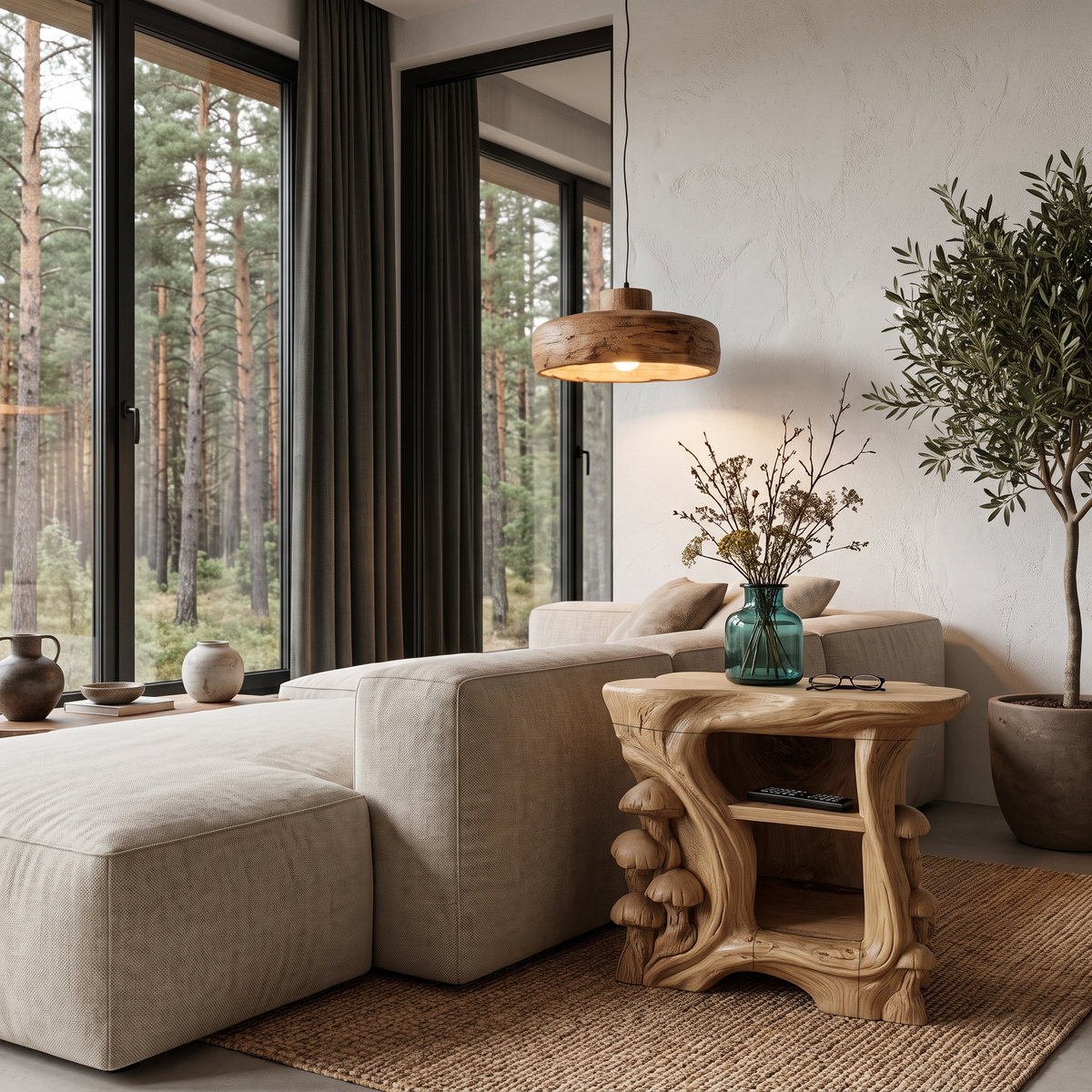 Organic Solid Wood Bedside Table With Sculptural Tree Branch Base