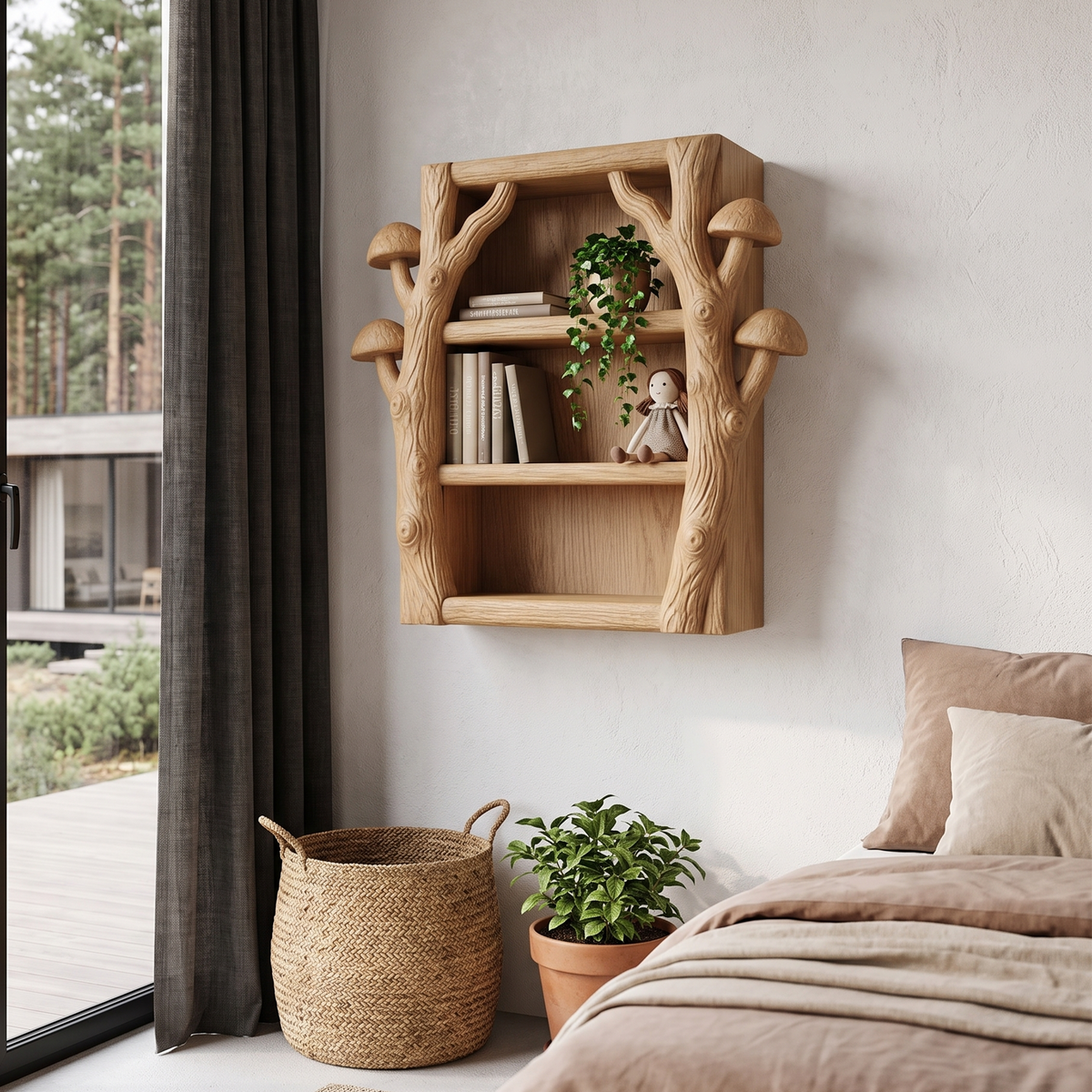 Modern Wall Bookshelf Handcrafted Tree Branch Design For Living Room