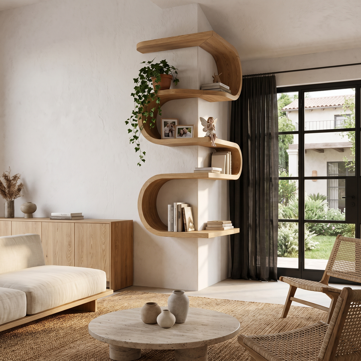 Sculptural Corner Wall Bookshelf Handcrafted Curved Design For Living Room