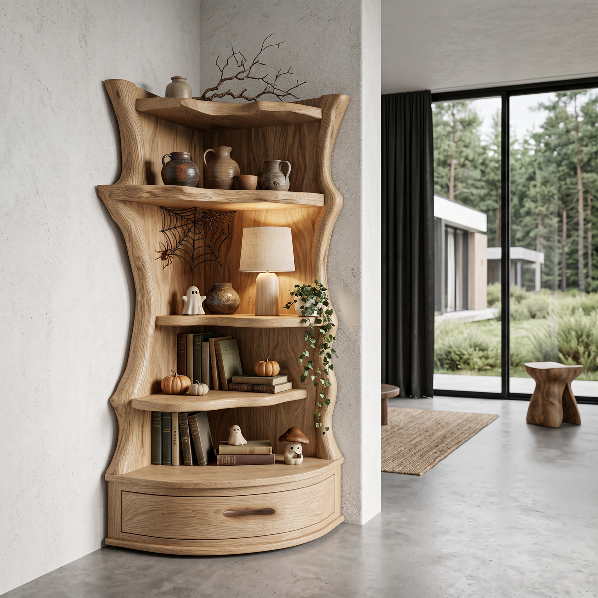 Mid Century Corner Shelf Unit With Curved Storage Base For Living Room