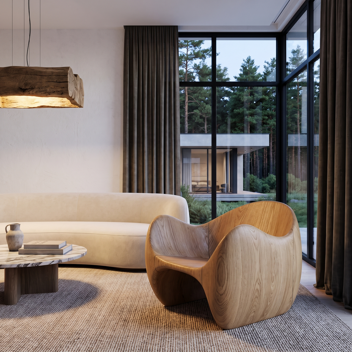 Modern Wooden Accent Chair With Sculptural Curved Frame For Living Room