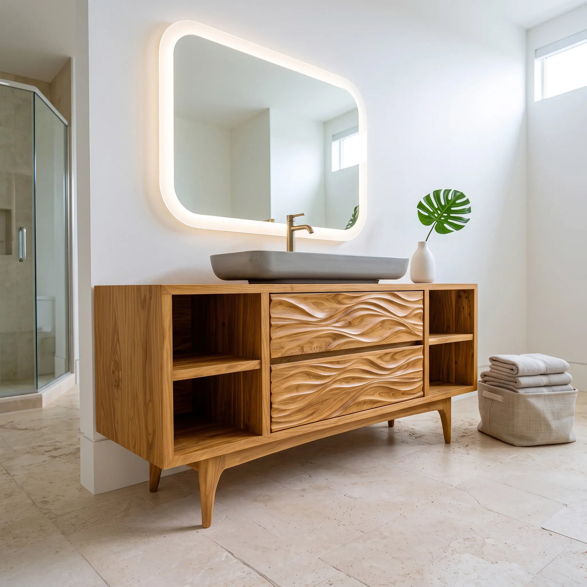 Modern Wave Carved Open Shelf Bathroom Vanity For Master Bathroom
