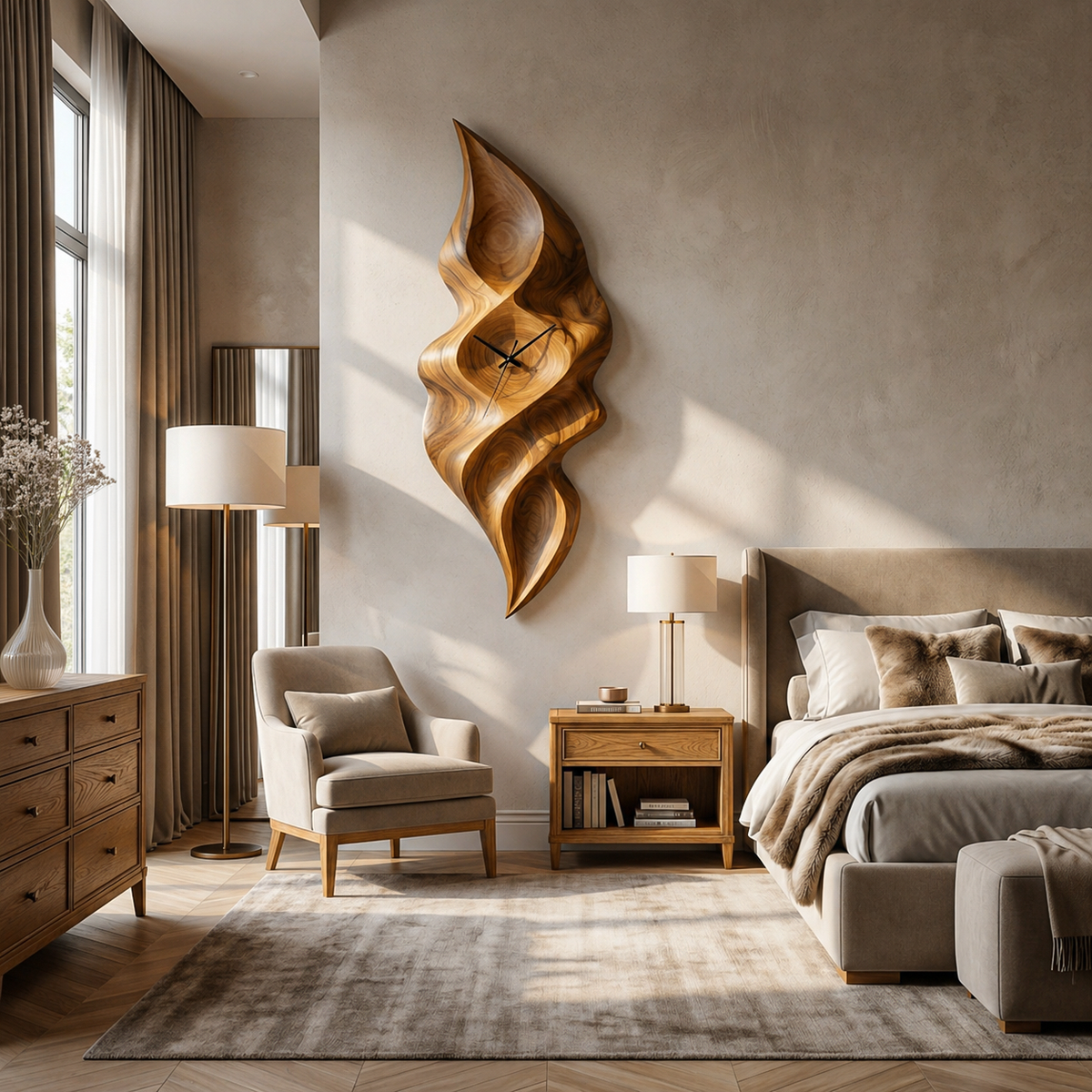 Contemporary Wood Wall Clock With Wave Sculpture For Minimalist Bedroom