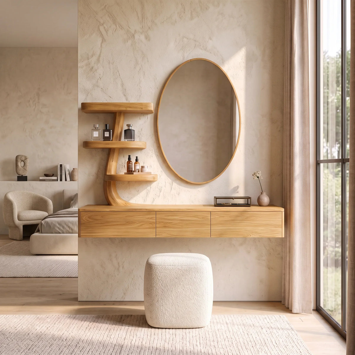 Modern Wall Mounted Makeup Vanity Sculptural Curved Shelving For Bedroom