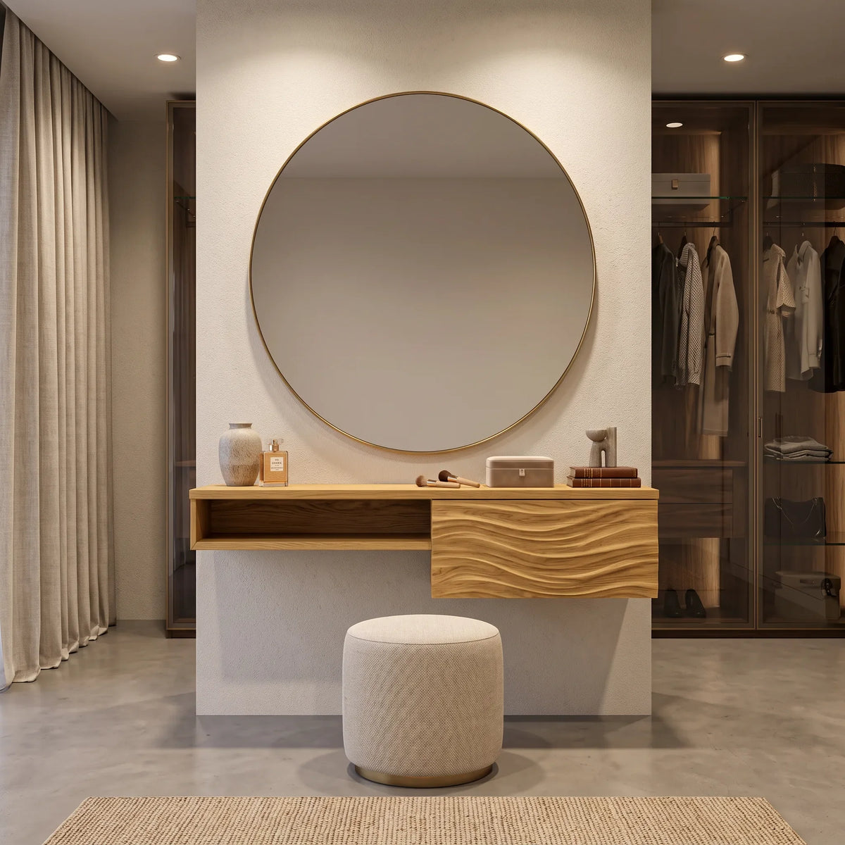 Modern Floating Makeup Vanity Wave Carved Drawers For Bedroom