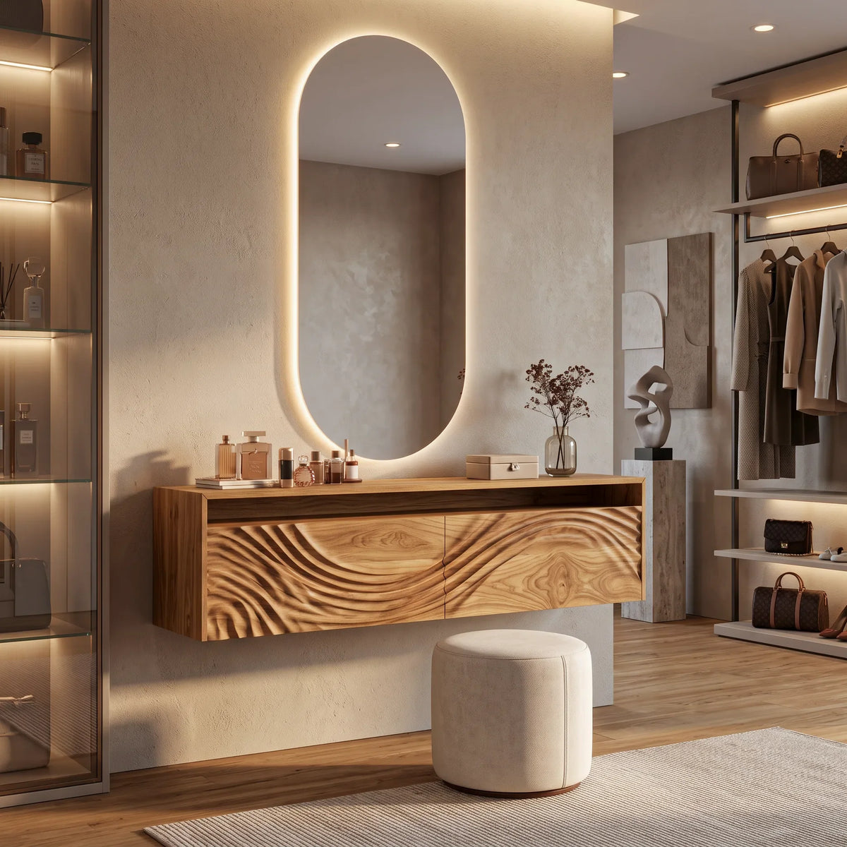 Contemporary Wall Mounted Makeup Vanity Relief Carved Drawers For Bedroom
