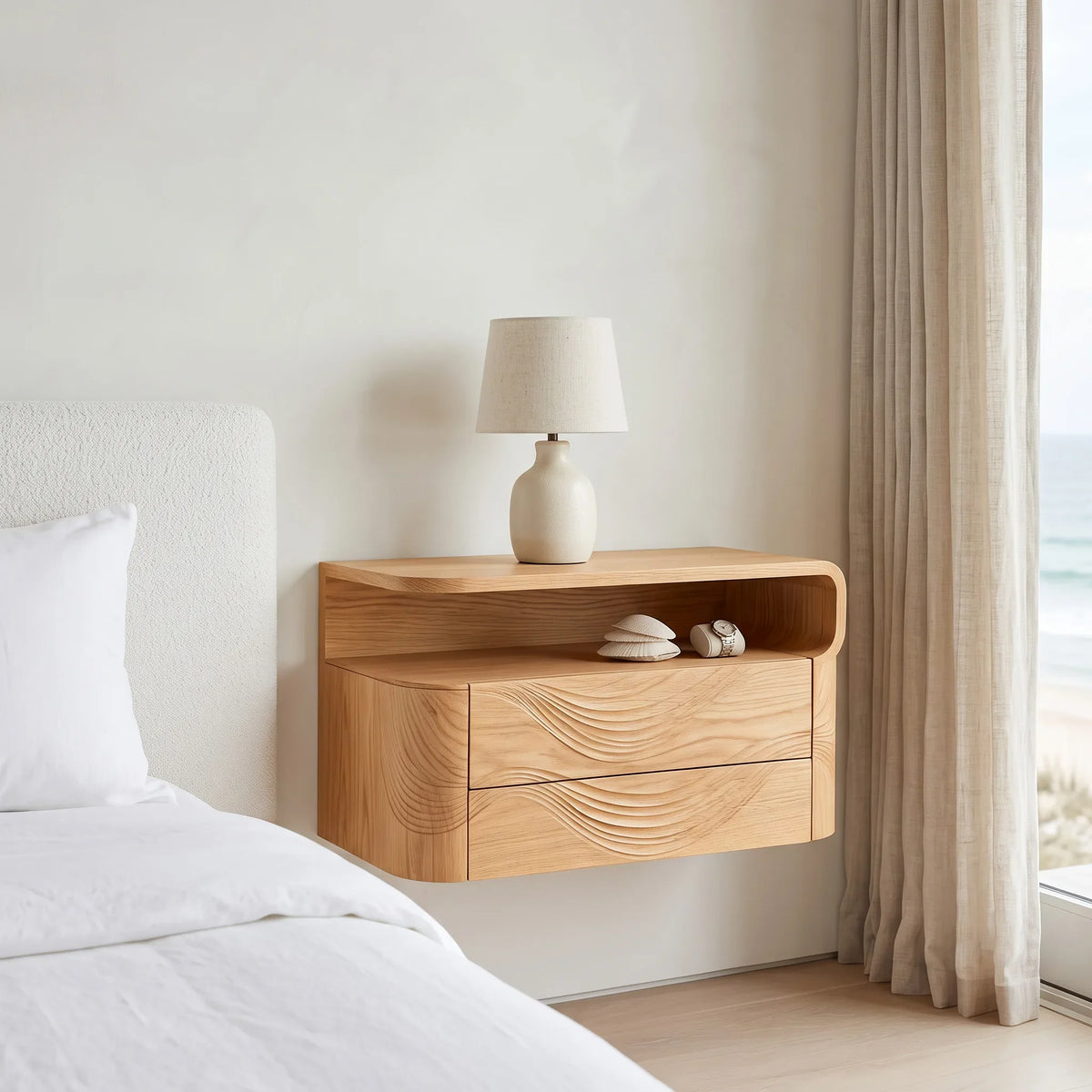 Contemporary Wave Carved Floating Nightstand For Bedroom