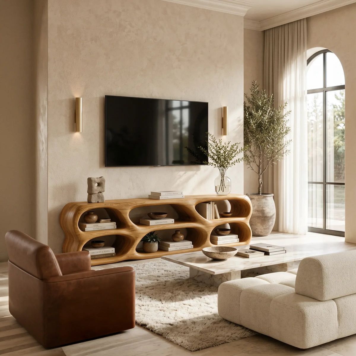 Sculptural TV Stand Rounded Open Shelves For Modern Living Room