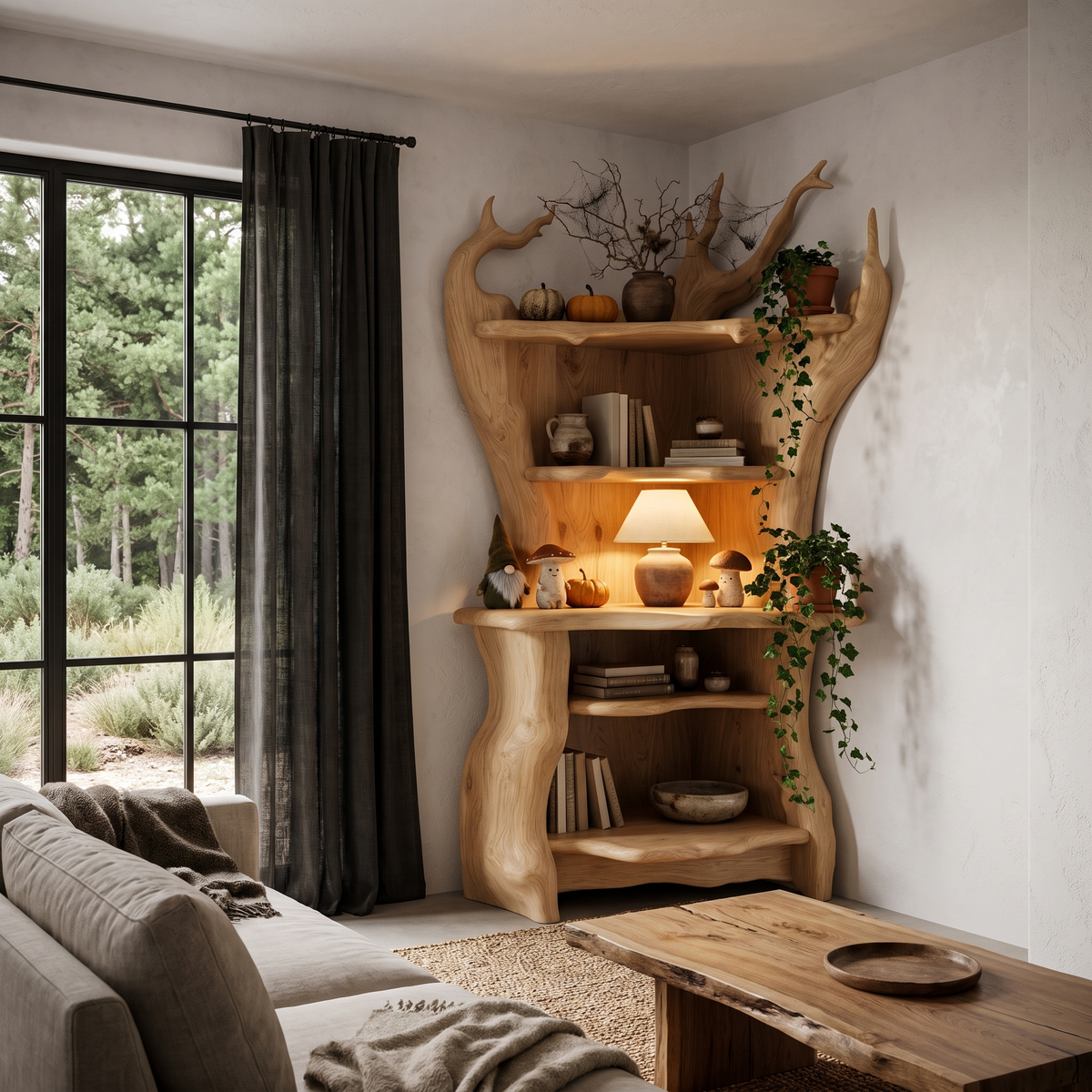 Rustic Corner Bookcase With Live Edge Shelves For Reading Nook