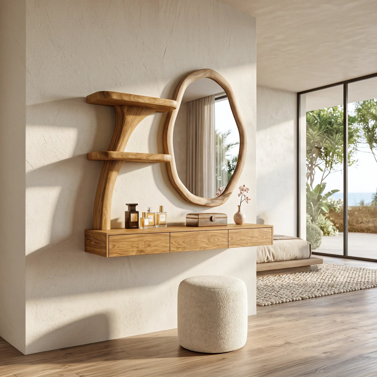 Contemporary Wall Mounted Dressing Table Curved Tree Form Shelving For Bedroom