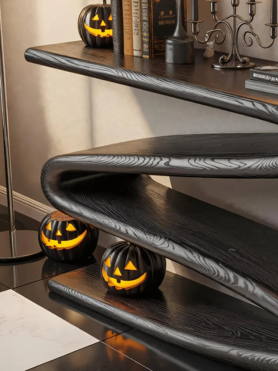 Modern Black Wooden Console Table Curved Design For Halloween Decor