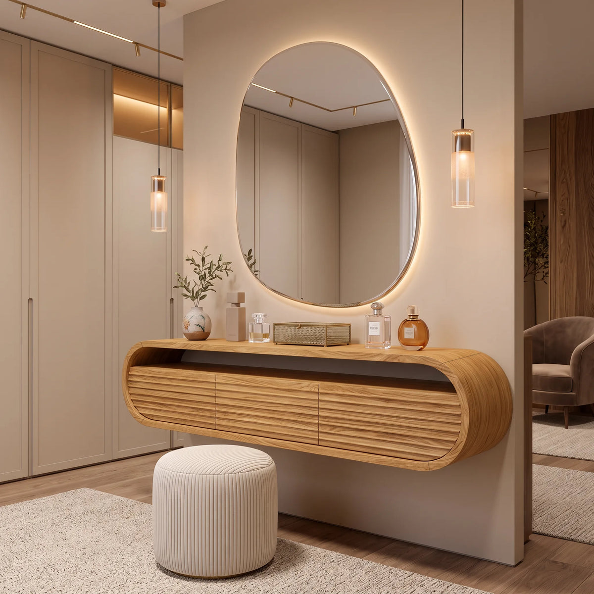 Modern Wall Mounted Dressing Table Carved Fluted Drawers For Bedroom