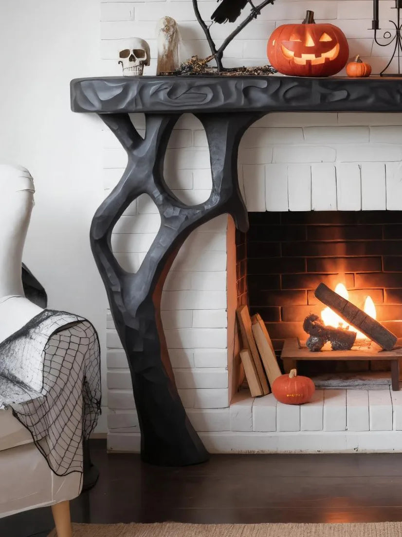 Wooden Halloween Fireplace Mantel With Branch Leg For Festive Decoration