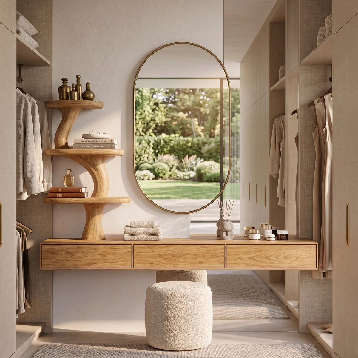 Organic Floating Makeup Vanity With Tree Form Shelve For Bedroom
