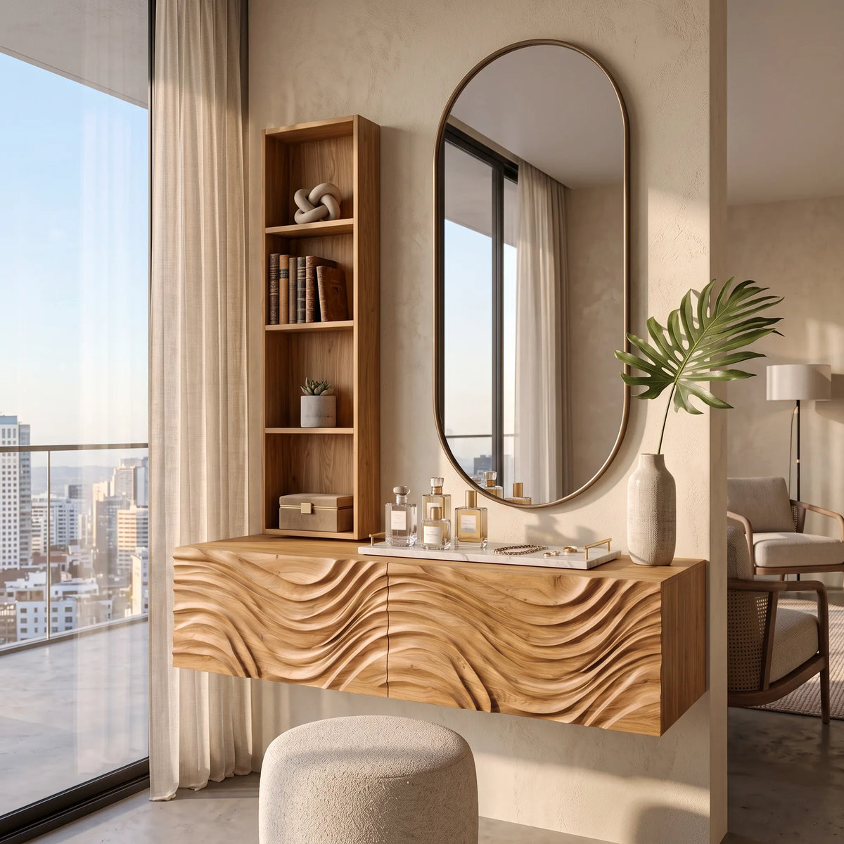 Modern Floating Makeup Vanity With Wall Mounted Storage For Luxury Bedroom