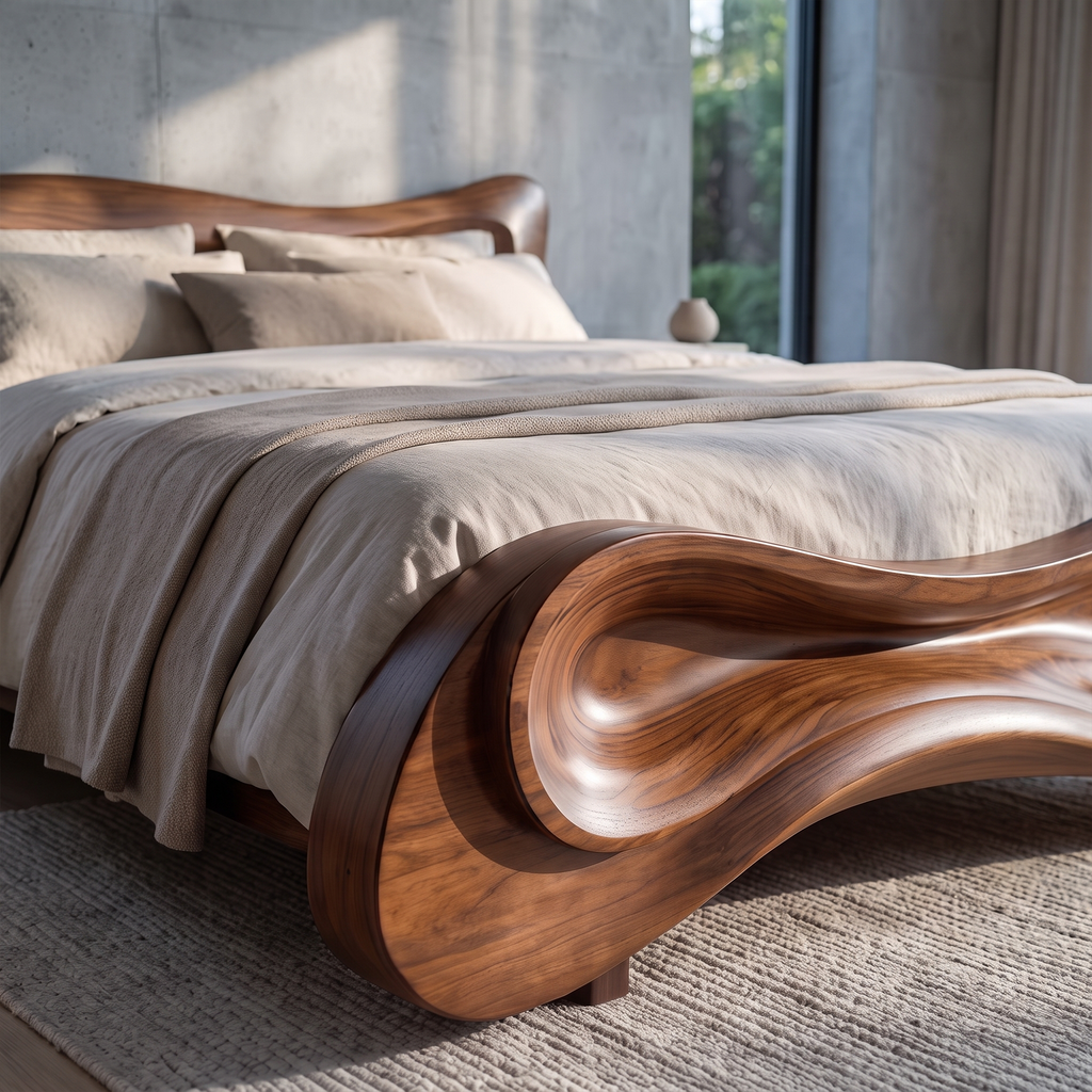 Modern Bed Frame With Wave Inspired Silhouette For Bedroom