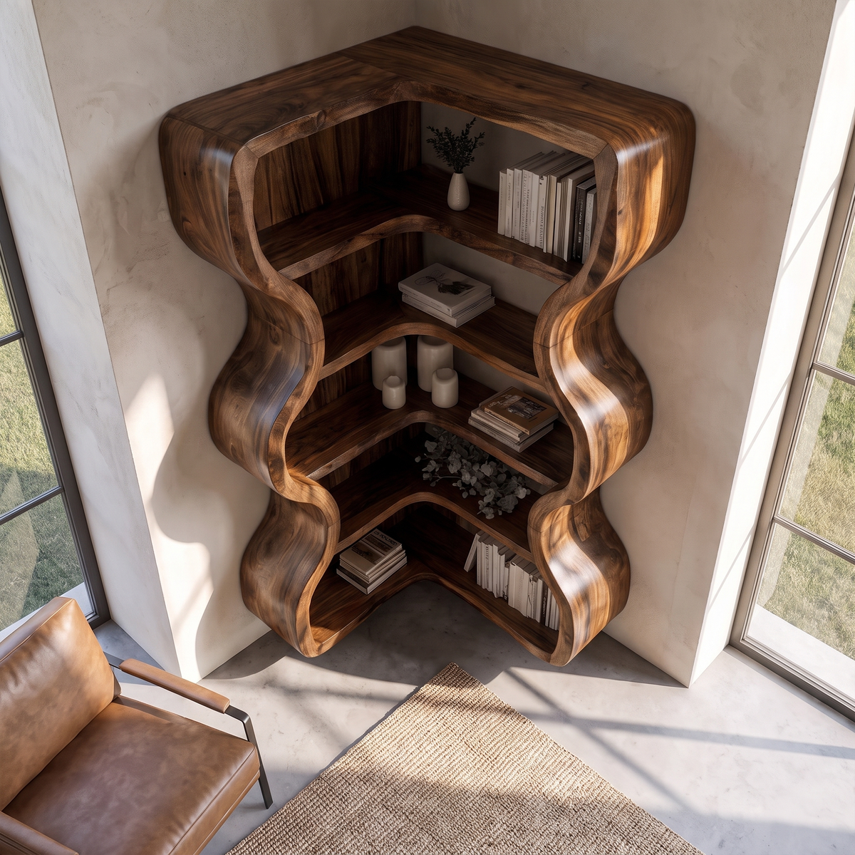 Statement Bookshelf Handcrafted Wavy Design For Living Room
