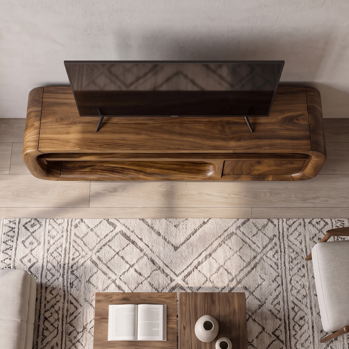 Natural Media Console With Flowing Loop Design For Living Room And Lounge