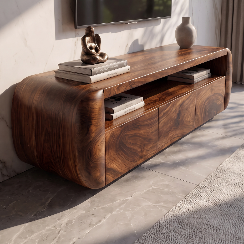 Contemporary TV Cabinet With Sculptural Wood Form For Living Room And Family Room