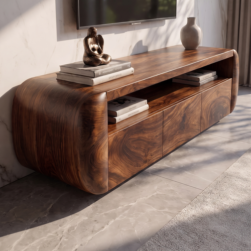 Contemporary TV Cabinet With Sculptural Wood Form For Living Room And Family Room