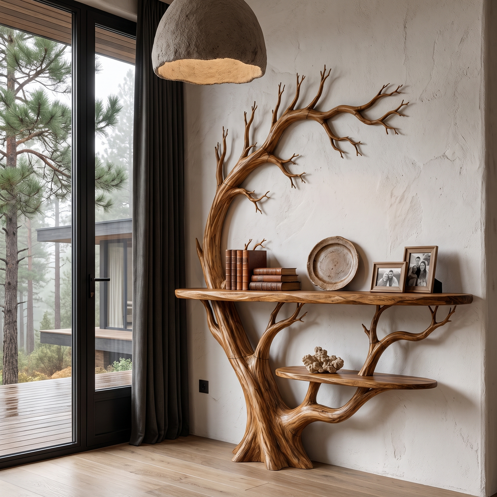 Organic Console Table With Tree Branch Shelf Design For Entryway And Living Room