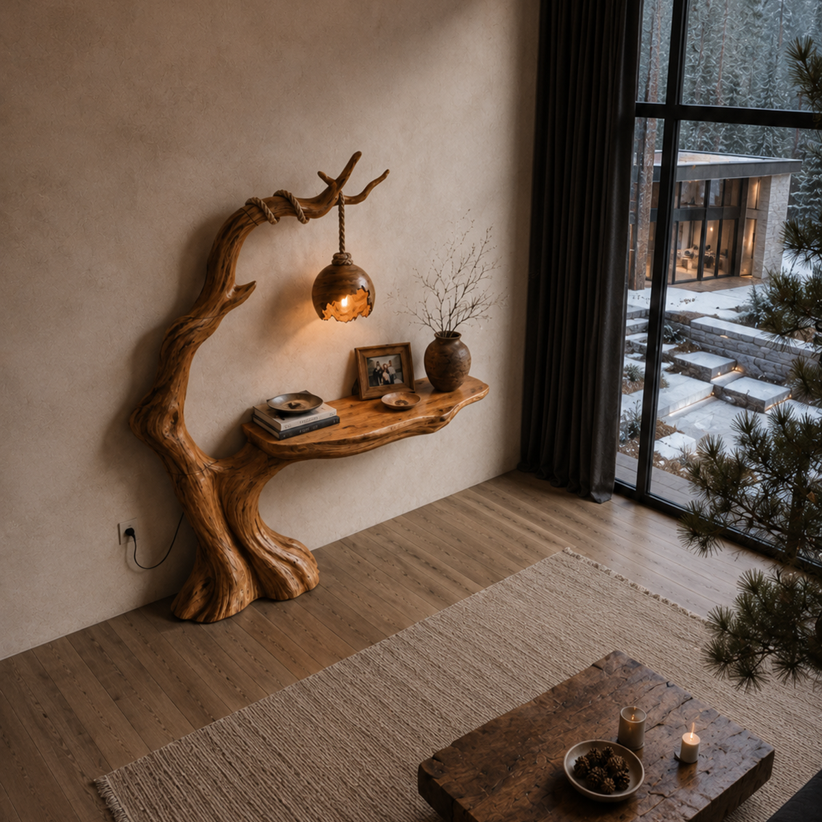 Organic Console Table With Tree Branch Floor Lamp Design For Entryway And Living Room