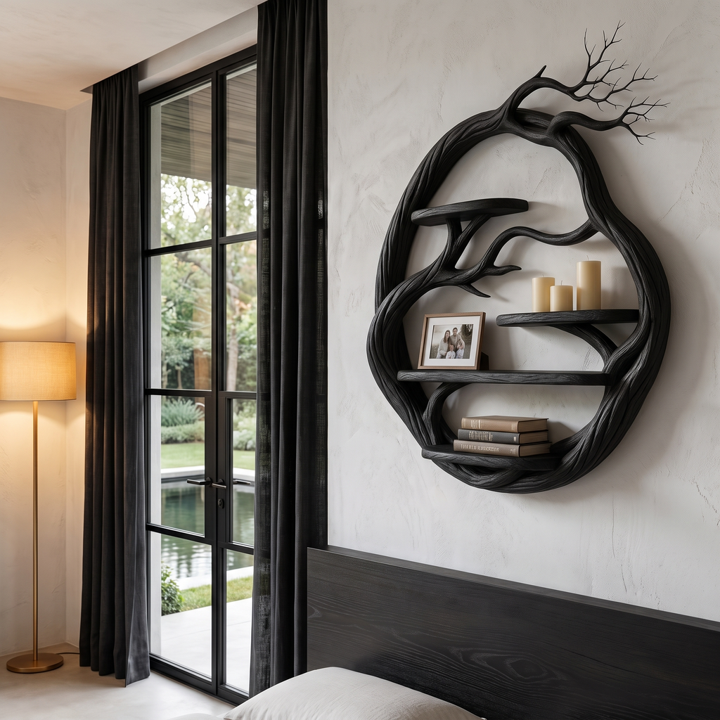 Organic Floating Shelf With Circular Tree Branch Design For Living Room And Home Office