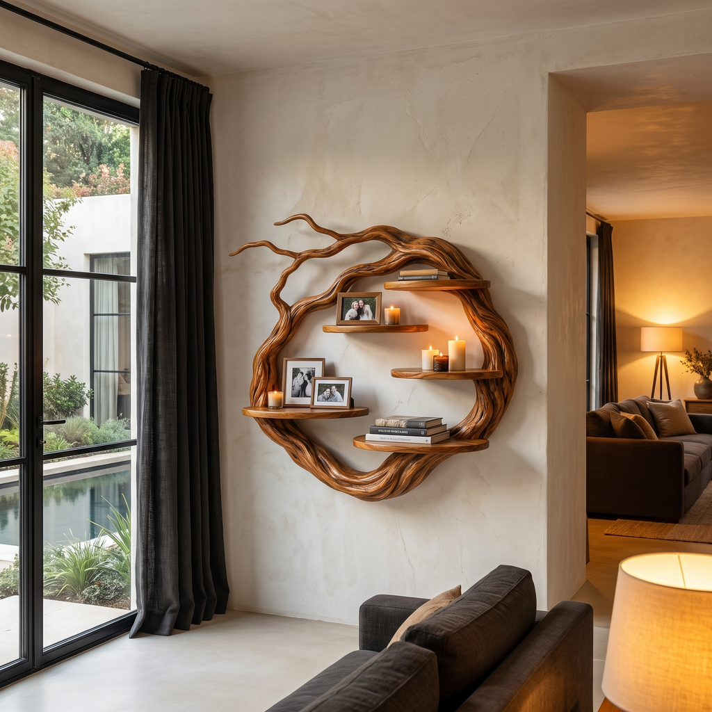 Natural Wall Mounted Shelf With Sculptural Tree Ring Design For Living Room And Reading NookSINLHAFL056
