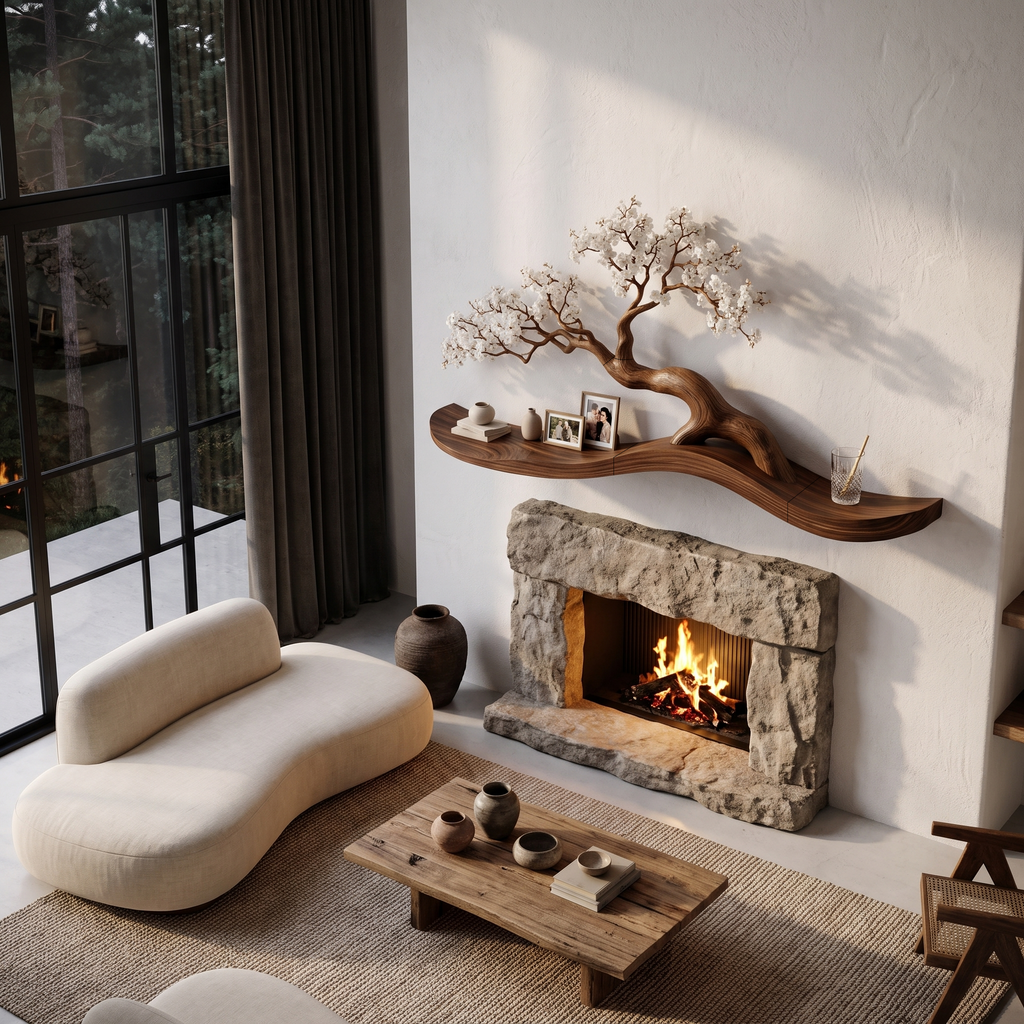 Organic Wall Mounted Shelf With Sculptural Tree Branch Design For Living Room And Bedroom