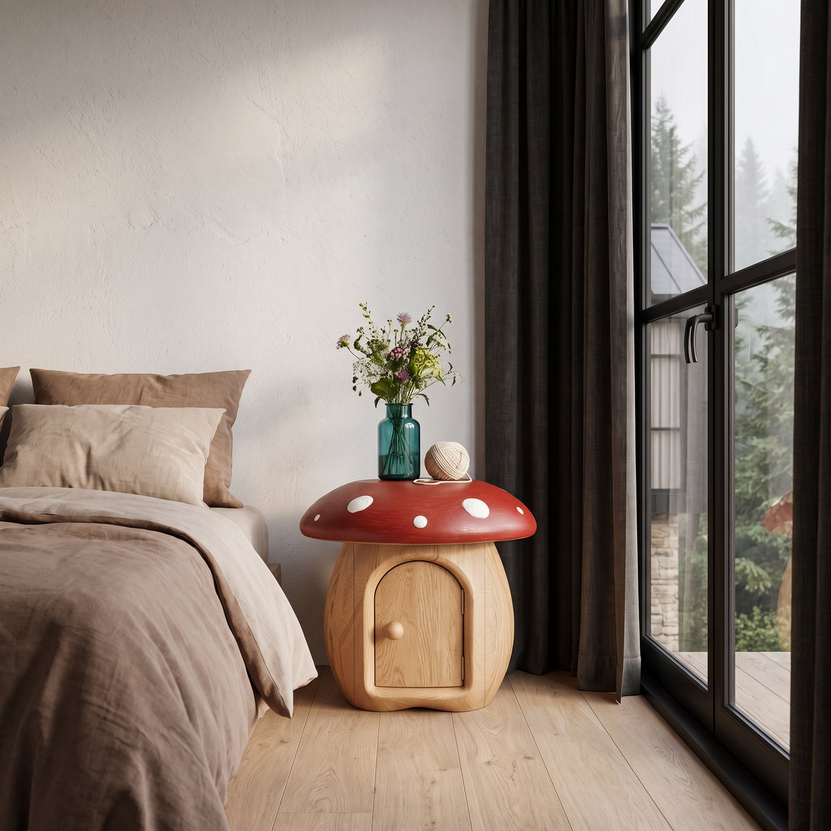 Whimsical Mushroom Bedside Table With Solid Wood Storage For Bedroom